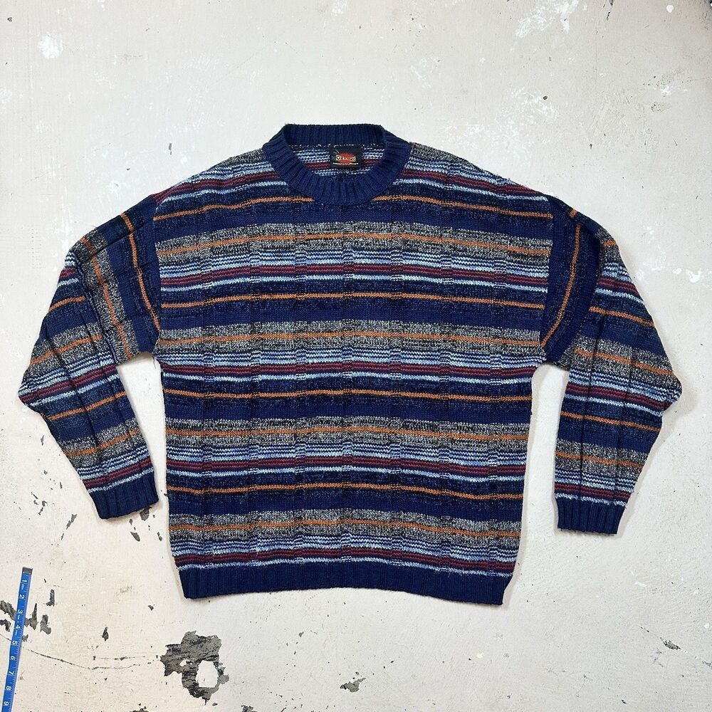 OXYMEL Mens V-Neck Jumper Sweater Large Navy Blue Multicolor Striped